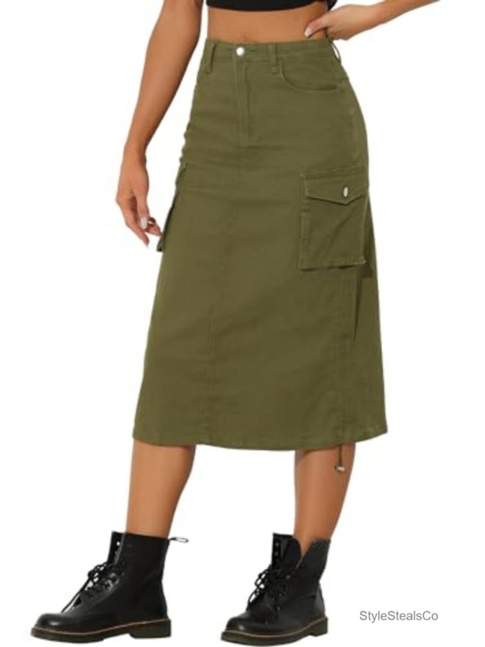 Women's High Rise Midi Denim Cargo Skirt Drawstring A-Line Utility